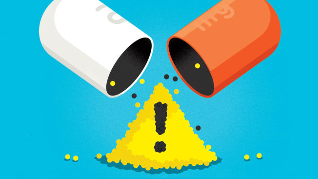 illustration of pill spilling open with contents piled up and exclamation point on the pile