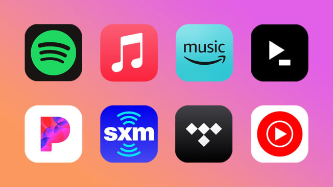 Music Streaming services icons: Spotify, Apple, Amazo, Idagio, Pandora, SiriusXM, Tidal and YouTube