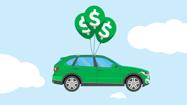 Illustration of balloons tied to a car floating in the sky.