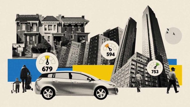Stuytown-style brick apartments, Brownstones and High rises, and surrounded by credits scores, car  and people walking