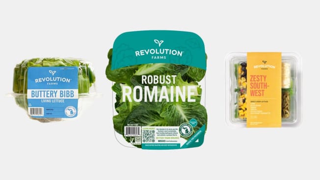 From left: Recalled Revolution Farms Buttery Bibb Whole Head, Revolution Farms Robust Romaine, and Revolution Farms Zesty Southwest 6oz Salad Kit