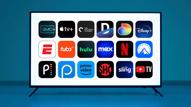 AMC+, Apple TV+, The Criterion Channel, Direct TV Stream, Discovery+, Disney+ ESPN+, FuboTV, Hulu, Max, Netflix, Paramount+ Peacock, Philo, Amazon Prime Video, Showtime Now, Sling, and YouTube TV Steaming  apps icons on TV screen.