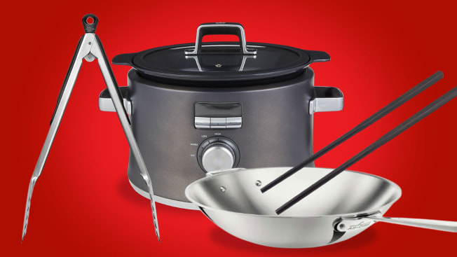 OXO tongs, Calphalon slow cooker, Kent Wang chopsticks, All-Clad Wok
