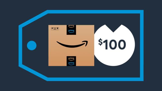 Illustration of Amazon box next to circle with arrow pointing down to represent under $100 concept inside price tag graphic.
