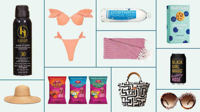 Ubuntu Life Kubu Weekender Bag, Black Girl Sunscreen Make It Glow Spray SPF 30, Beach House Towels Fuji Towel, McBride Sisters Black Girl Magic Bubbly Rose, Rap Snacks Nicki Minaj Trio, Partake Foods Chocolate Chip Cookies, Positivity Alkaline Water, Andrea Iyamah Mulan Bikini, Layd Life Panama Hat, NRODA City of Lights Sunglasses