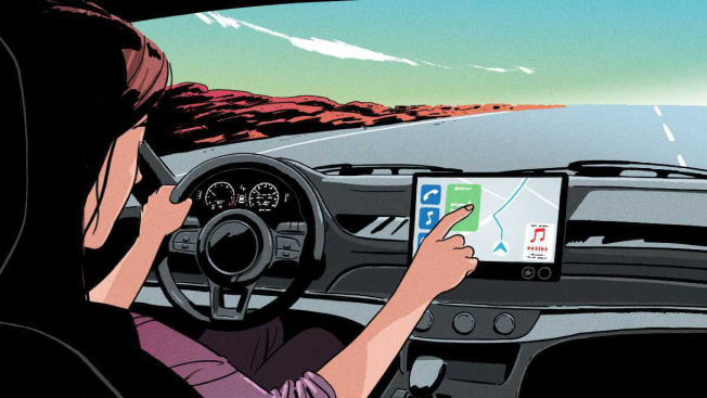 illustration of person driving on desert road using car's touchscreen navigation system