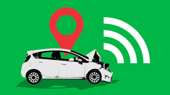 Illustration of car that has crushed front with red pin location symbol and WiFi symbol