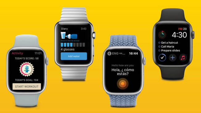 4 Apple watches each with a different app on the screen (iTranslate Converse, Things 3, Lifesum, and Rules)