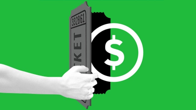 illustration of hand opening door in the shape of a ticket with dollar sign behind it