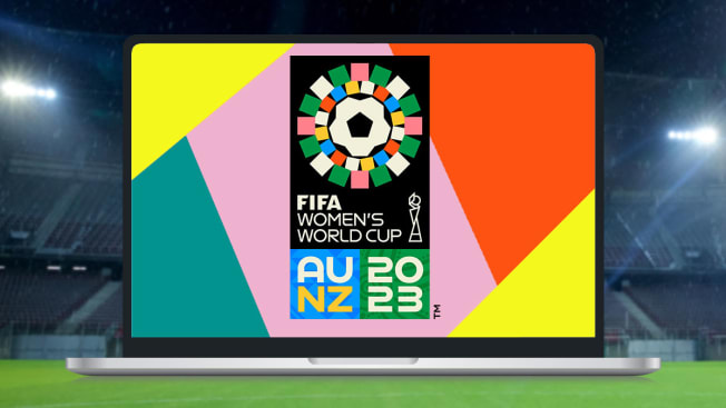 FIFA Women's World Cup logo on laptop screen with soccer field in background