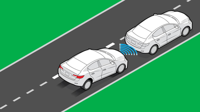 illustration of two cars on road with safety distance symbol between the two cars