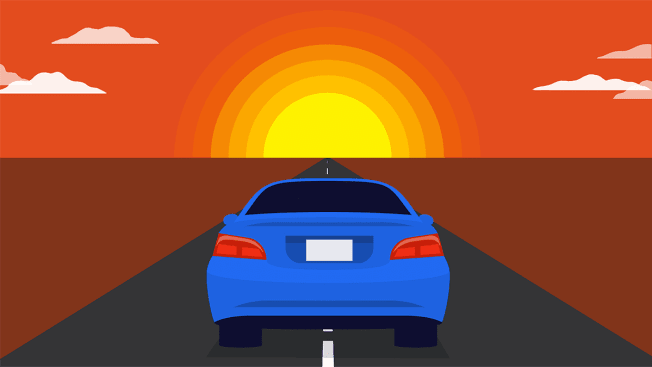Illustration of a car riding out into a sunset.