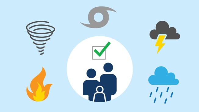 Family in a circle with check mark surrounded by storm, wildfire, tornado, and hurricane icons