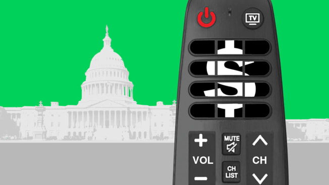 illustration of tv remote control with dollar sign as buttons and capital building in the background