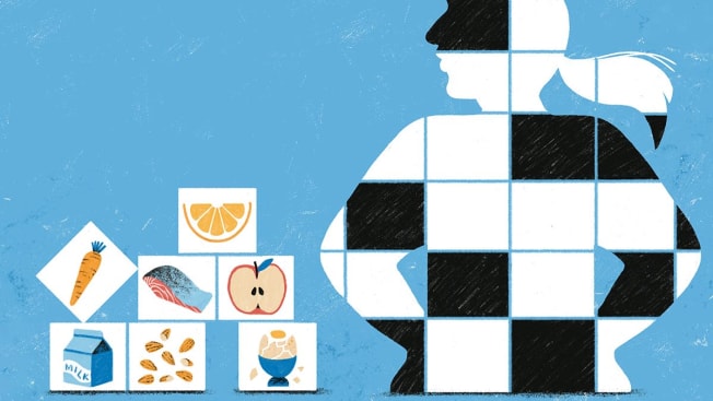 An illustration of a woman and healthy foods.