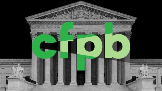 CFPB logo sitting on top of an image of the U.S. Supreme Court.