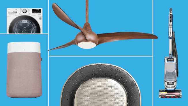 a roundup of products including MinkaAire light wave 52 ceiling fan, kohler moxie bt showerhead, blueair blue pure 211i max air purifier, LG washing machine, shark stratos vacuum