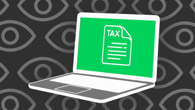 illustration of laptop with tax form on screen and eyeballs behind laptop