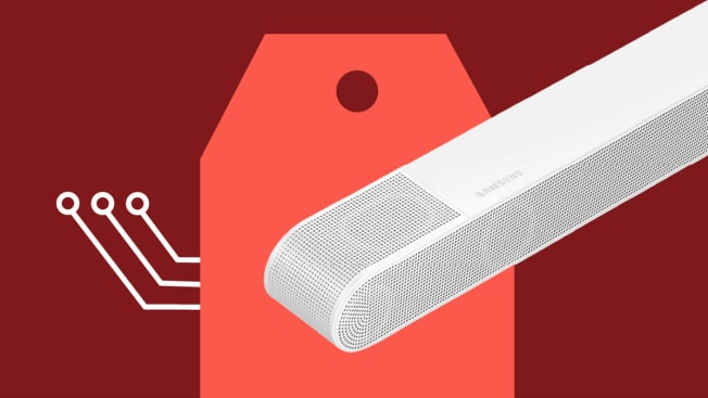 Samsung soundbar on shopping deals tag with a red background and circuit board icons.