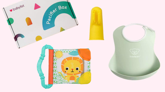 Babylist Pacifier box, Silicone baby bib, FridaBaby gum brush, soft baby book
