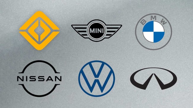 Rivian, Mini, BMW, Nissan, Volkswagen, and Infiniti logos