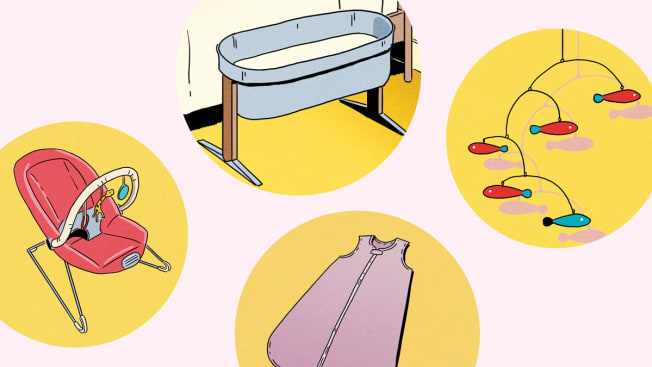 A bouncy seat, bassinet by bed, sleep sack and mobile toy.