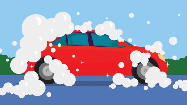 Illustration of a red car with soapy bubbles on it