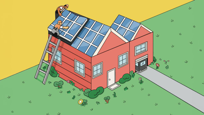 Illustration of the outside of a home, with people adding solar panels to the roof.