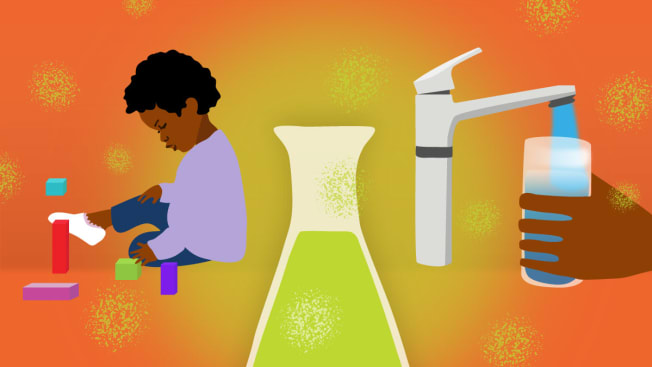 Illustration of a beaker exuding toxicity with a Black child playing with blocks and a dark skinned person filling up a glass of water from the faucet.