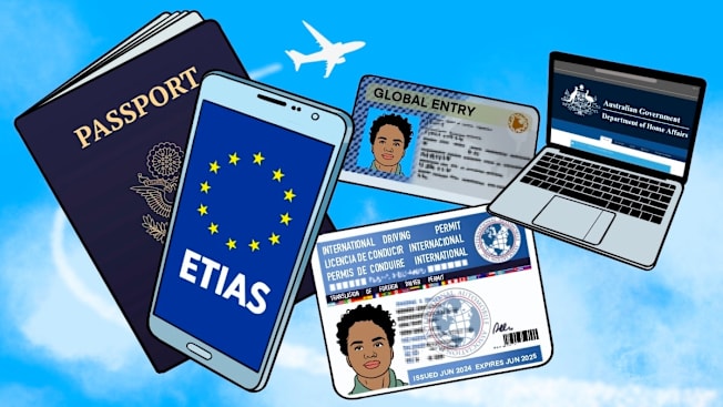 An illustration of a collage of government issued identification with an airplane and blue sky in the background