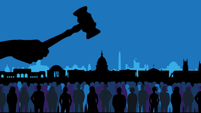 A big gavel over Washington, D.C. landmarks. Below, there's a crowd of people looking up.