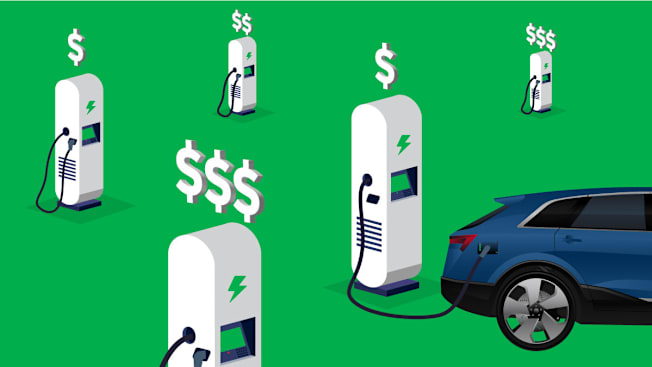 illustration of 5 electric car chargers with different dollar sign amounts above them and one electric car charging