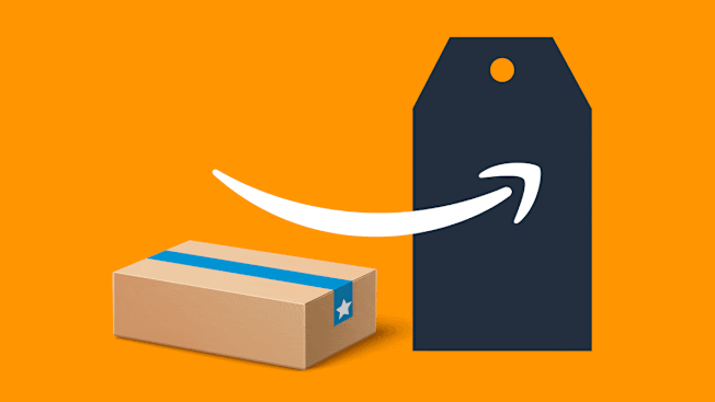 A cardboard package with a blue stripe and a star is shown next to a blue price tag, connected by Amazon's logo on a orange background