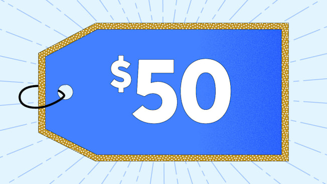 A blue price tag with "$50" in large white text, golden border, and radiating lines in the background.