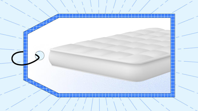 A mattress in front of a large blue-bordered price tag graphic, set against a background with blue lines radiating outward.