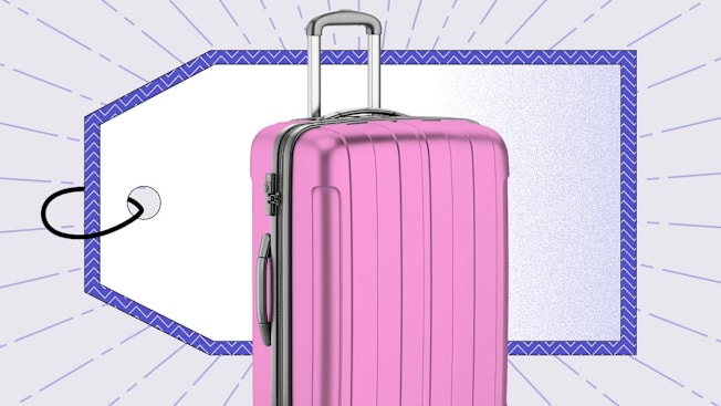 A pink, hard-shell suitcase in front of a large purple-bordered price tag graphic, set against a background with subtle purple lines radiating outward.