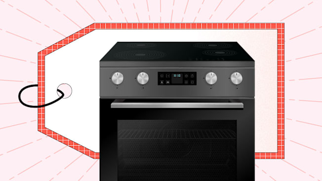 A range in front of a large red-bordered price tag graphic, set against a background with red lines radiating outward.