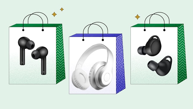 Three shopping bags with headphones on each: the left bag displays black wireless earbuds, the middle bag features white over-ear headphones, and the right bag shows black wireless earbuds on a light green background.