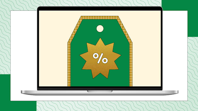 A laptop screen displaying a green price tag with a gold starburst in the center containing a white percentage symbol