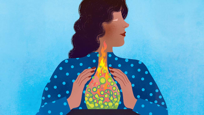 illustration of person in polkadot shirt with throat and stomach with irritation and flames to represent heartburn