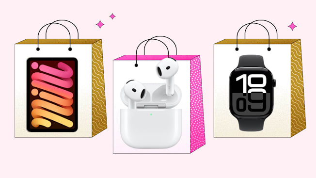 Three shopping bags, each displaying a different Apple product: an iPad, AirPods, and an Apple Watch, set against a light pink background with decorative gold sparkles