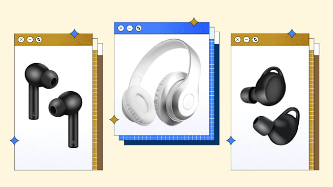 Browser windows with headphones on each: the left displays black wireless earbuds, the middle features white over-ear headphones, and the right shows black wireless earbuds on a light gold background.