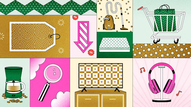 Various shopping and product icons, including a price tag, a downward arrow with a percentage sign, a vacuum cleaner, a shopping cart, a mattress, a coffee maker, a magnifying glass, a television, and headphones