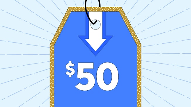 A blue price tag with a gold border, showing a large white "$50" beneath a bold white arrow pointing down