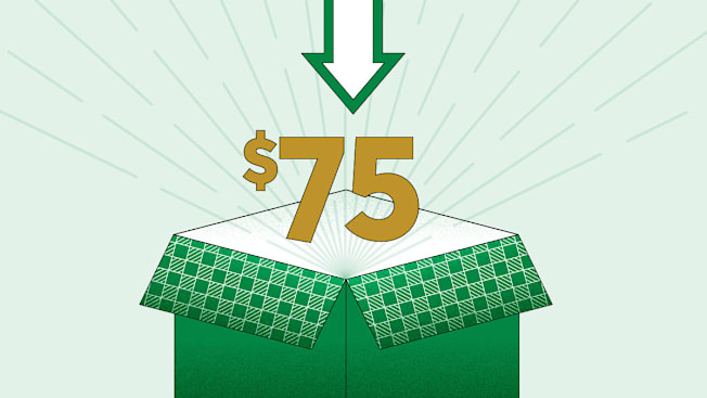 A green gift box with its lid open, displaying a large gold "$75" symbol above it and a downward-pointing arrow