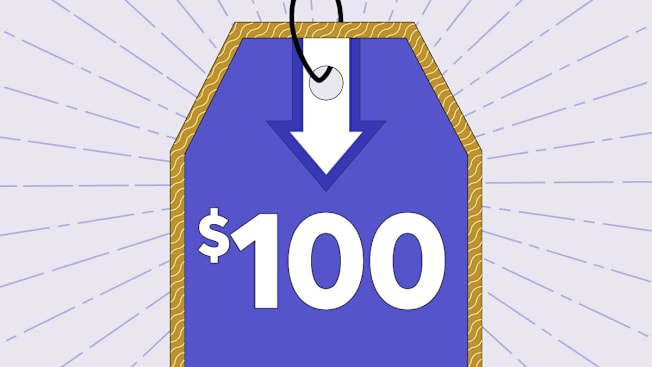 A purple price tag with a gold border, showing a large white "$100" beneath a bold white arrow pointing down.