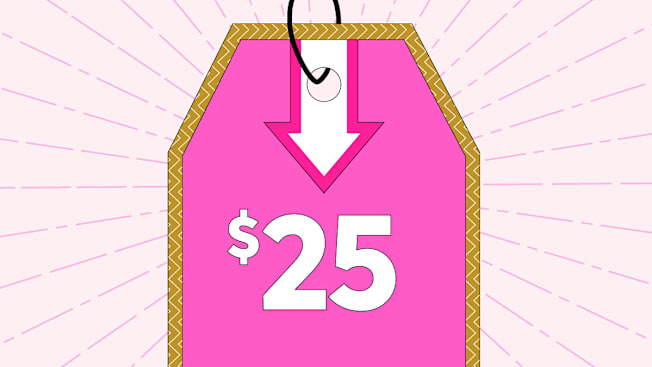 A pink price tag with a gold border, showing a large white "$25" beneath a bold white arrow pointing down