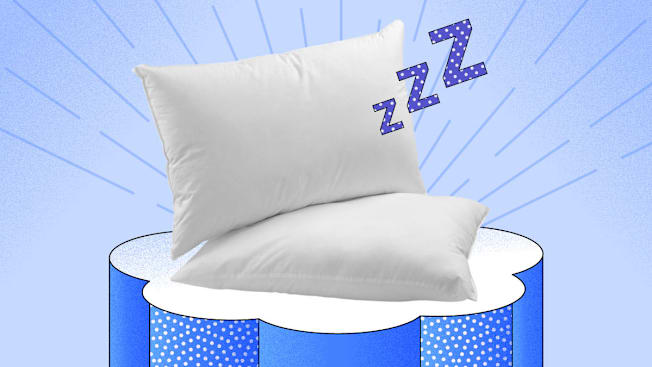 Two white pillows stacked on a cloud-like surface with cartoon "Z" symbols floating above, set against a blue background with radiating lines