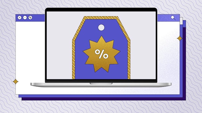 A laptop screen displaying a purple price tag with a gold starburst containing a white percentage symbol, against a background of browser windows.