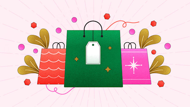 Three colorful shopping bags—with patterns and surrounded by gold leaf-like shapes floating geometric shapes